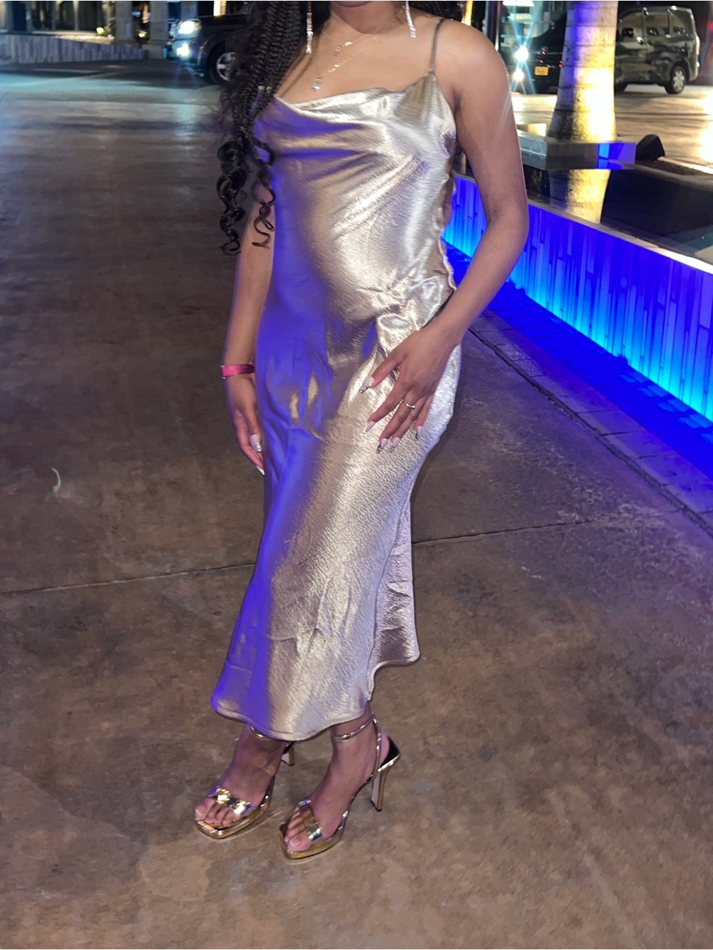 Satin Cowl Neck Slip Dress in Metallic Silver